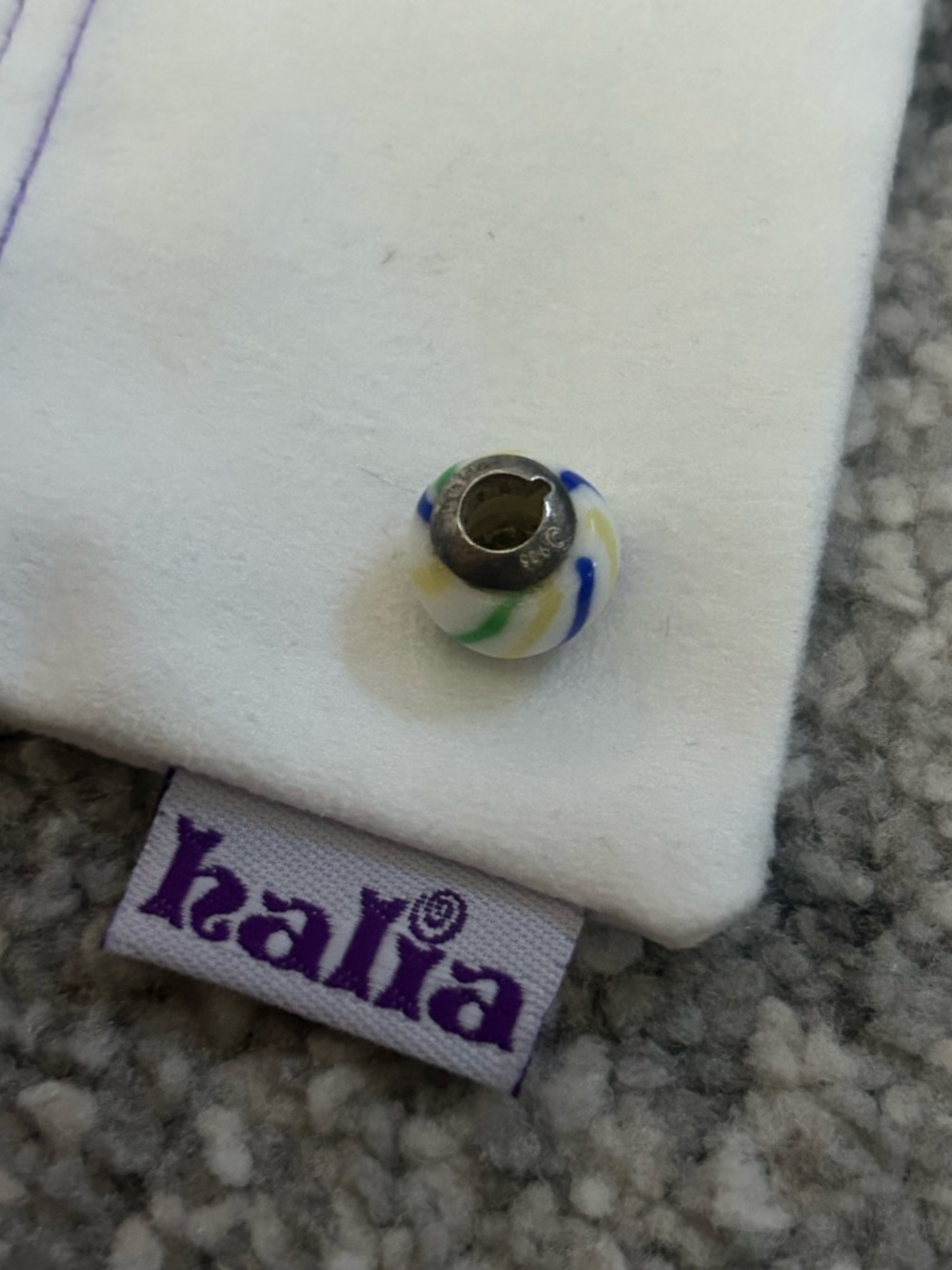 Halia “Sherbert” White Glass Charm Bead with Blue, Green & Yellow Swirls